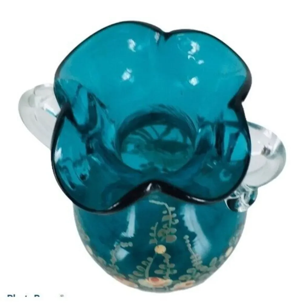 1900s Victorian Hand Painted Teal Gold Leaf Floral Blown Glass Ruffle Vase